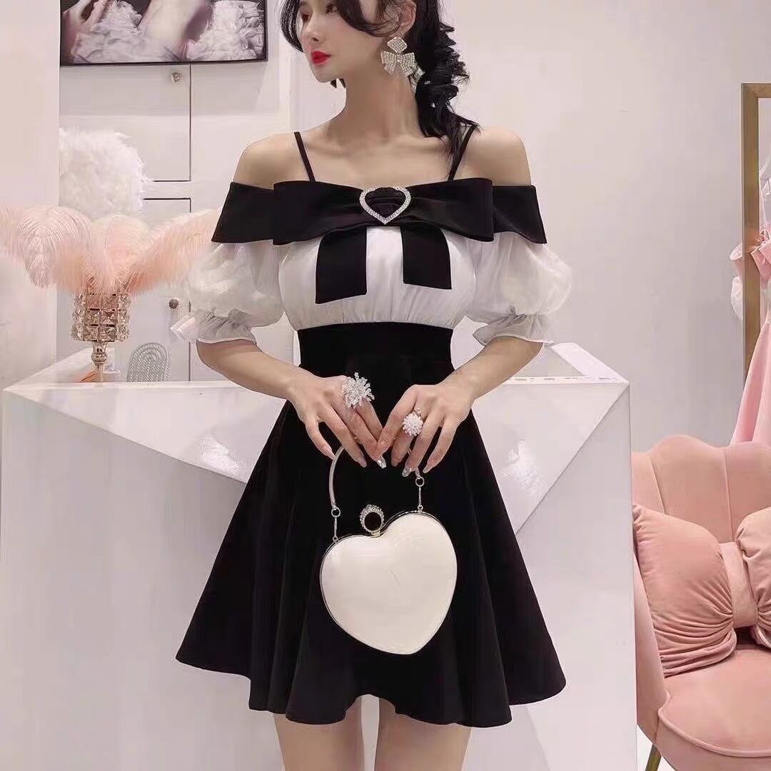 2カラー】黒 ピンク ワンピース リボン オフショルダー | LOVEYsmileSHOP