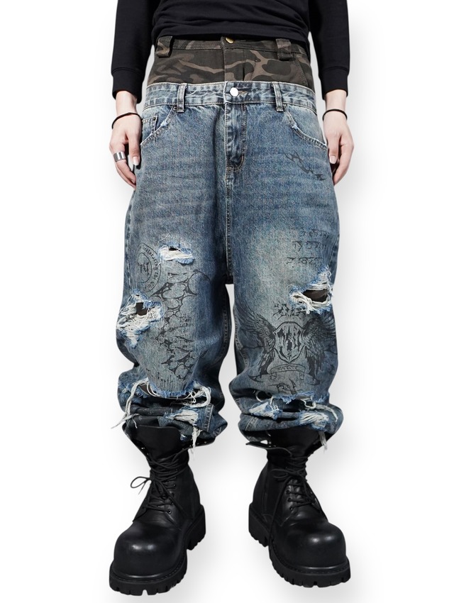 【RUPTIVEY/RTY】layered print damage denim pants ”装器”