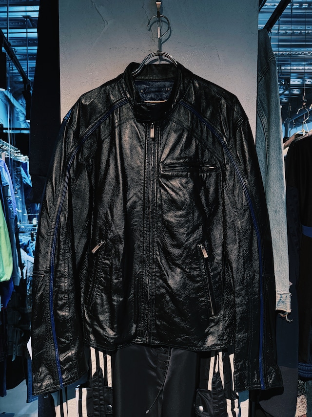 【D4C】blue stripes design leather single Riders jacket