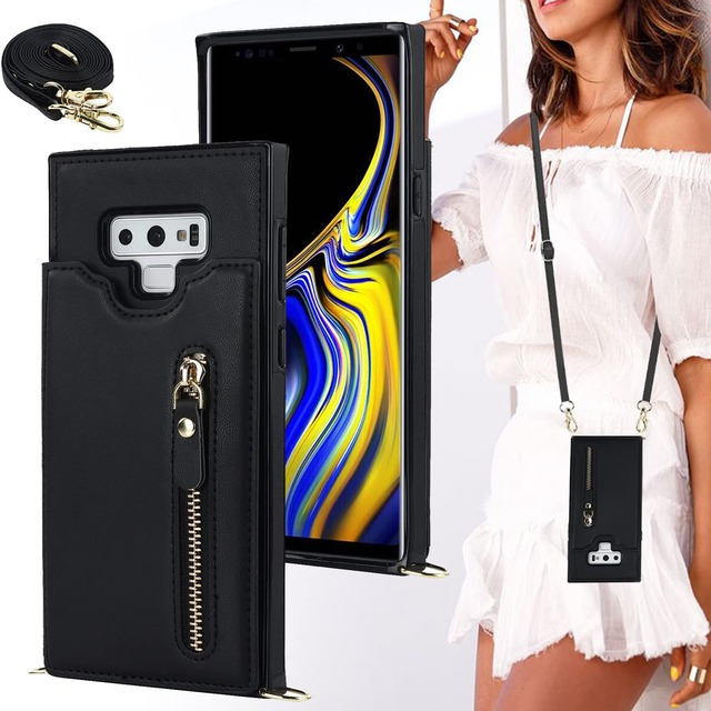BonwFzin 適用 Galaxy Note9 SC-01L SCV40 ケース 手帳型 ショルダー 背面 フリップ 紐付き クロスボディ ギャラクシー ノート9 スマホケース 手帳型カバー ぎゃらくしー Note9 携帯カバー RFID防止 肩がけ 首掛け 斜め掛け ひも付き 小銭入れ ファスナー型 ストラップホール付き スタンド 背面収納 カード収納 カード入れ ブラック