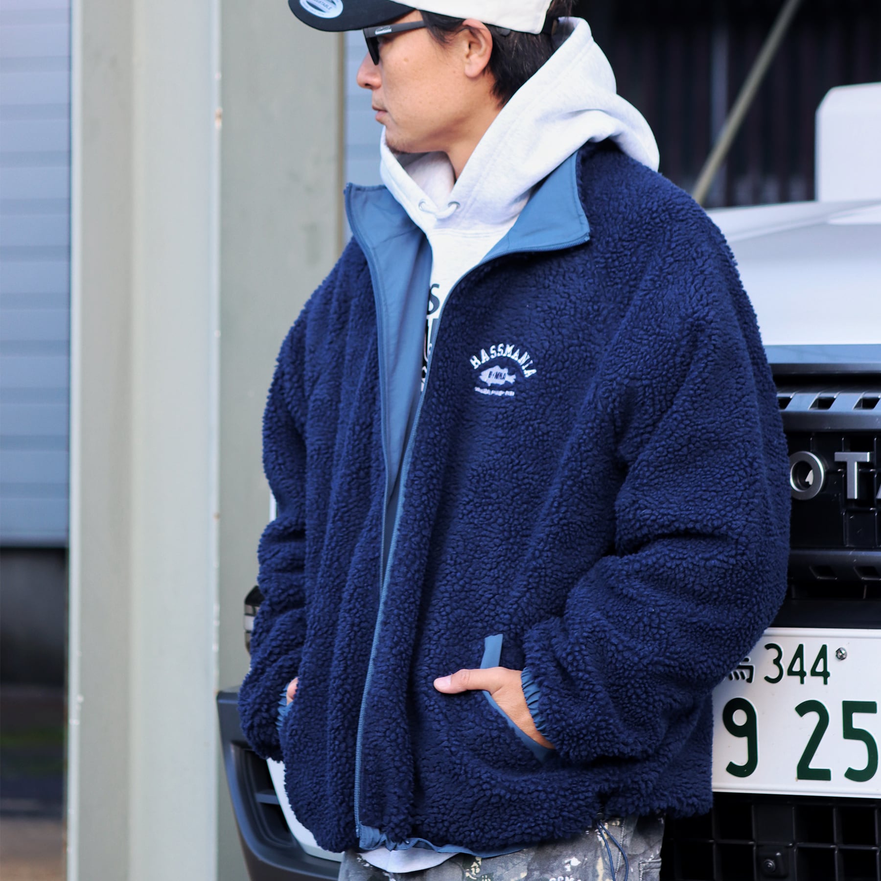 バスマニア　ボアジャケット DeepRangebybassmania】 Logo Reversible Boa Jacket［I.BLU/NVY