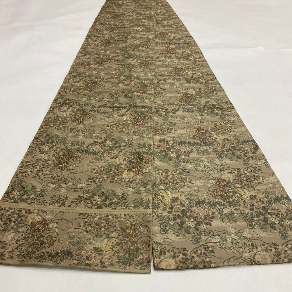中古 丸帯 正絹 草花 全通柄 ブラウン Bランク 402cm 5695