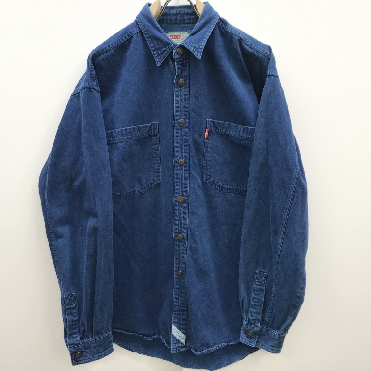 LEVI'S リーバイス 90年代 長袖 後染め タイト目コットンワークシャツ 無地 メンズL ヴィンテージ 色落ちネイビー