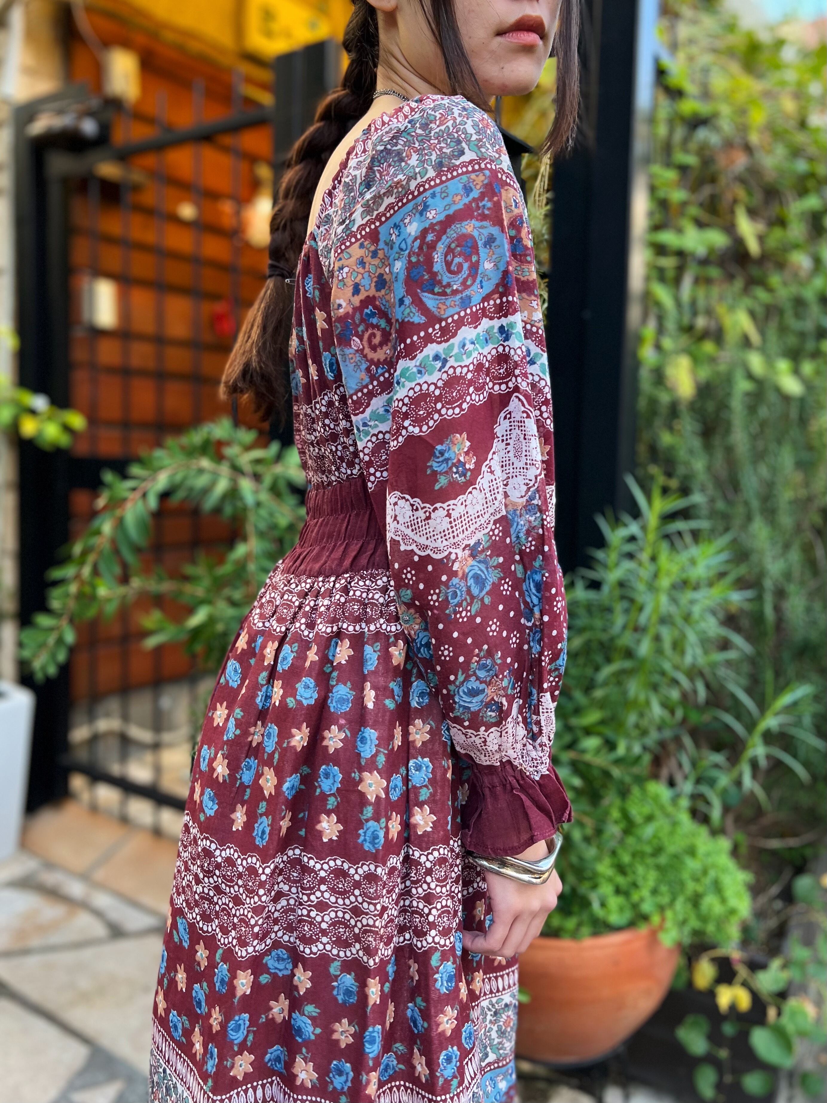 70s wine red floral & lace cotton dress ( ヴィンテージ ワイン 