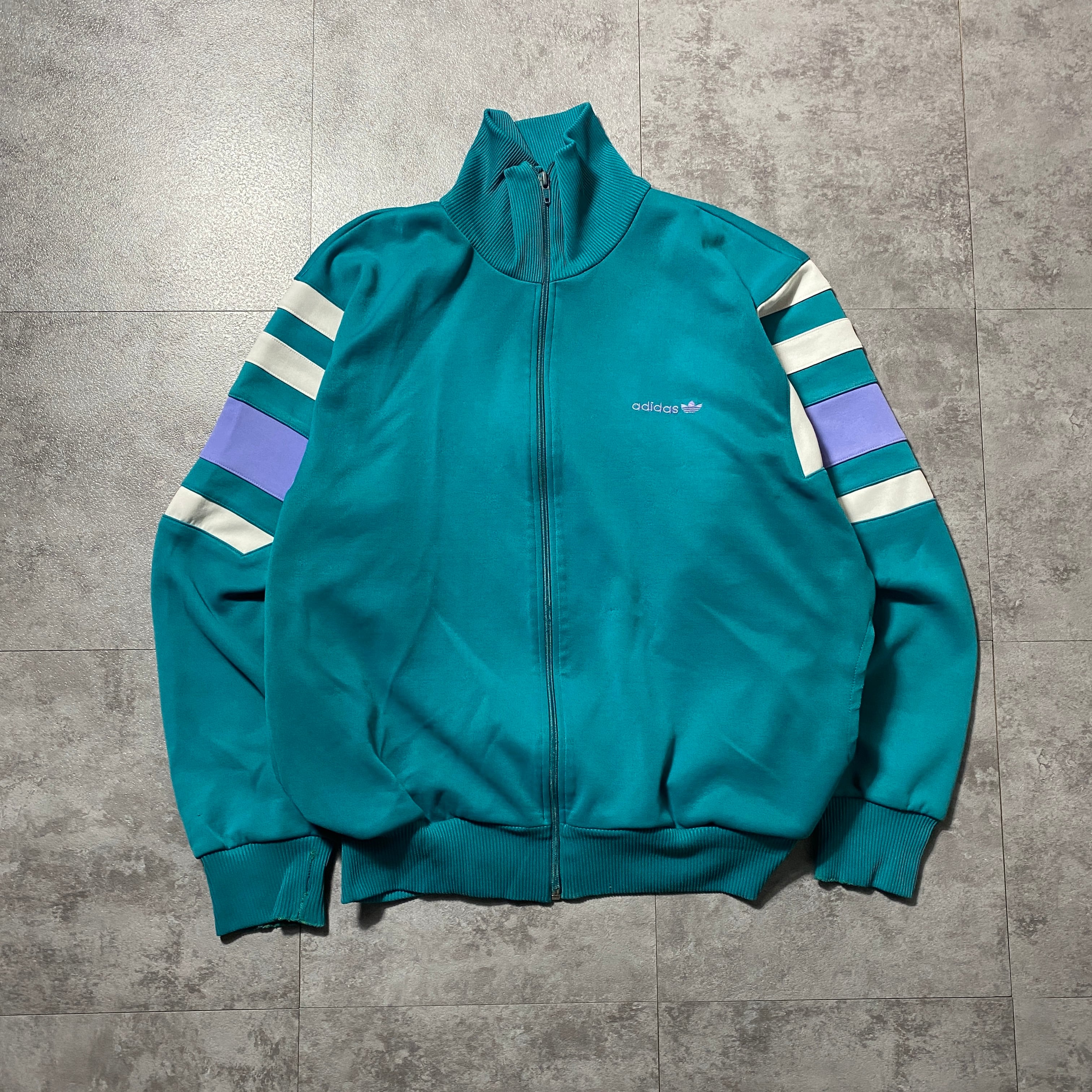adidas トラックジャケット グリーン トレフォイルロゴ刺繡 XL相当 90's adidas アディダス トレフォイル 刺繍ロゴ グリーン