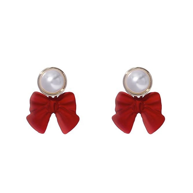 ピアス 両耳用 イミテーションパール リボン スタッドピアス アクセサリー 合金 シルバー925 ジュエリー / Baroque Pearl Red Bow Earrings Cute Retro Earrings Trends (DTC-631128813614)