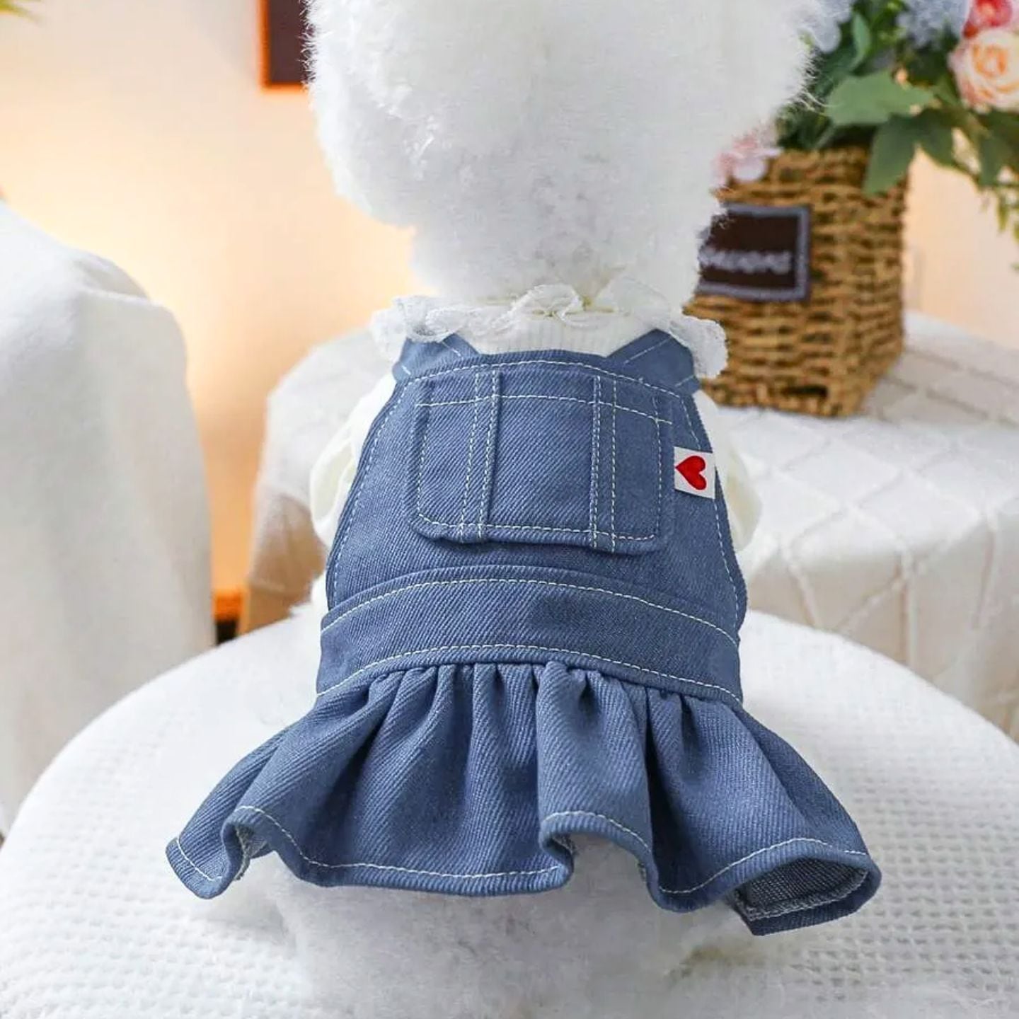 予約】フリルブラウス風デニムワンピース｜重ね着風 ガーリー犬服 小型