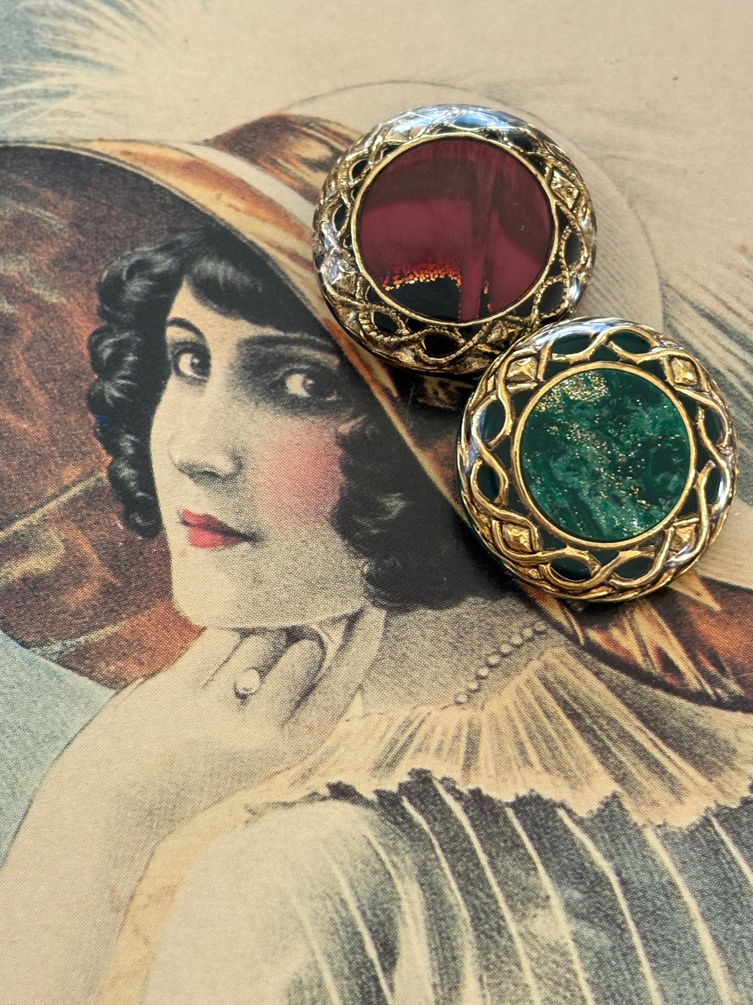 20mm Japanese ヴィンテージボタン グリーン/レッド ×ゴールド グリッター 樹脂クボタン レトロ アクセサリーパーツ 装飾材 カルトナージュ