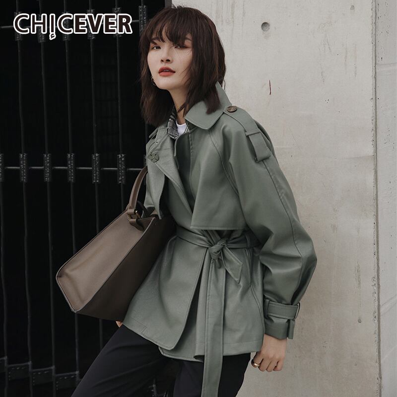 CHICEVERPUレザーレースアップレディースジャケットラペルカラー長袖ウエストサッシジャケット2020秋 ロング オータム 秋物 6base590906011259