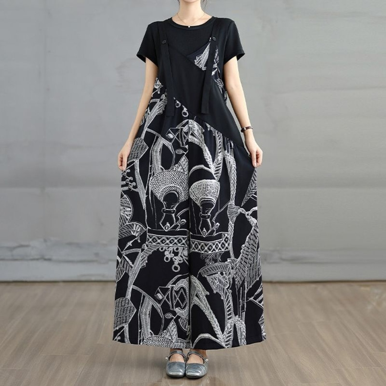 アート柄 アシメ サロペット ワンピース  00383