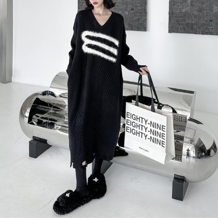 マキシ丈 Vネック ニットワンピース R30326