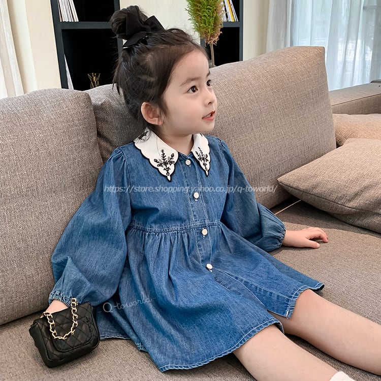 90 140 ワンピース 長袖 襟刺繍 女の子 韓国版 韓国子供服 キッズ 子供服 Q Toworld キュートワールド 子供服