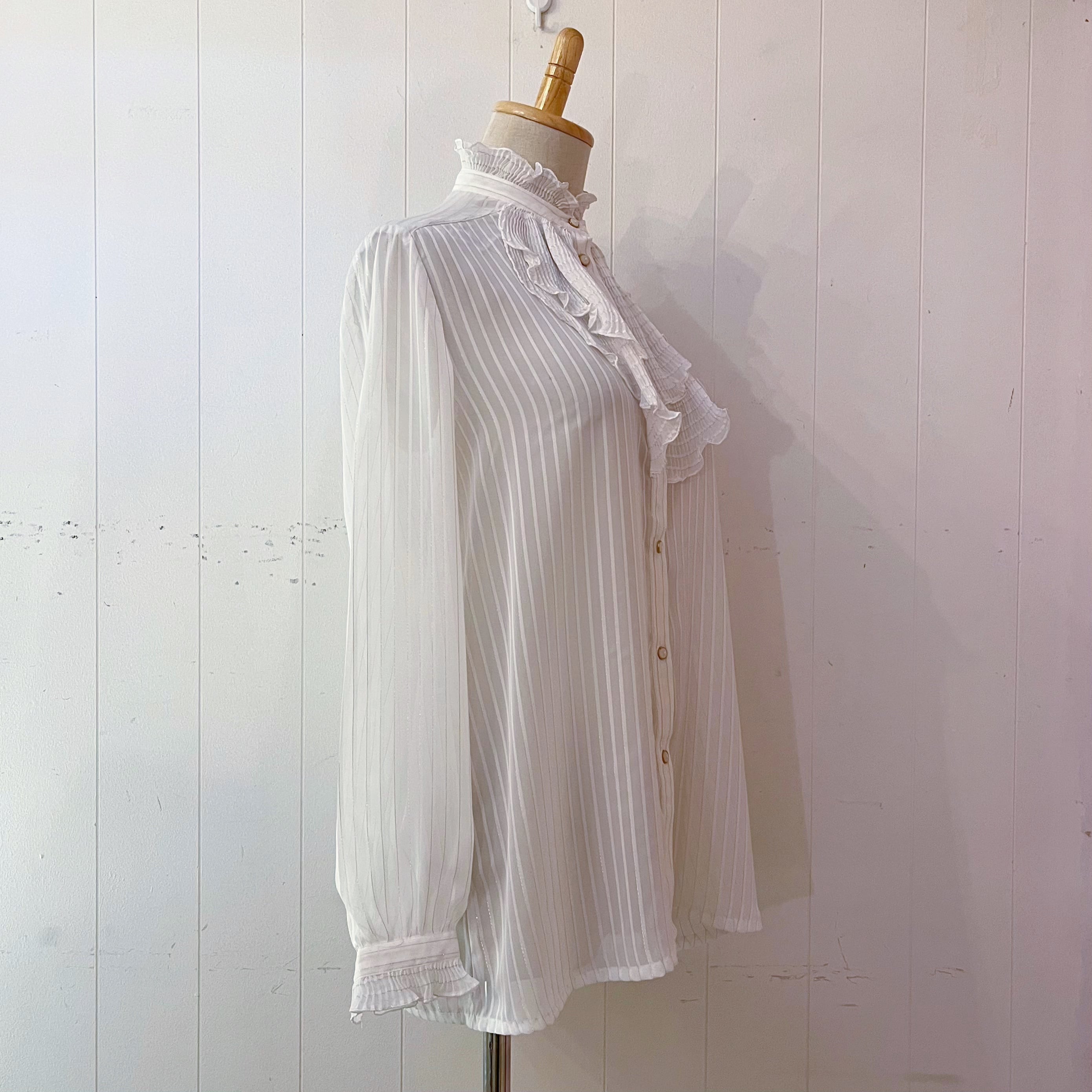 lame stripe sheer frill blouse