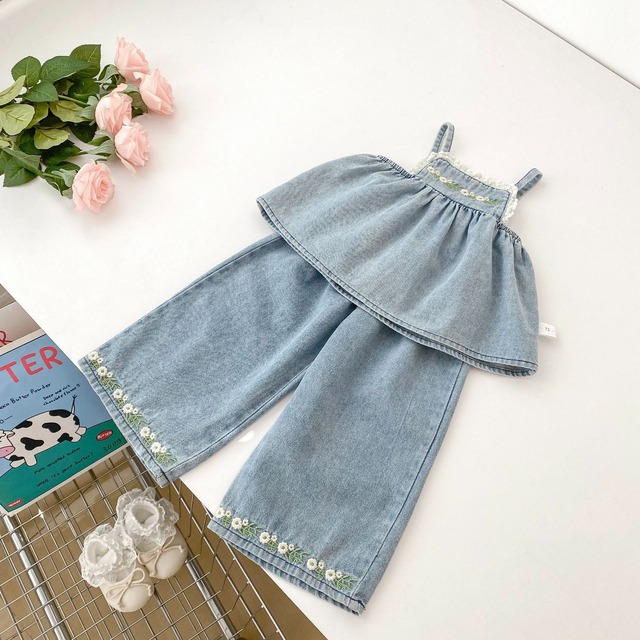 【セット】小花刺繍デニムキャミソールワイドパンツセットアップ - 16