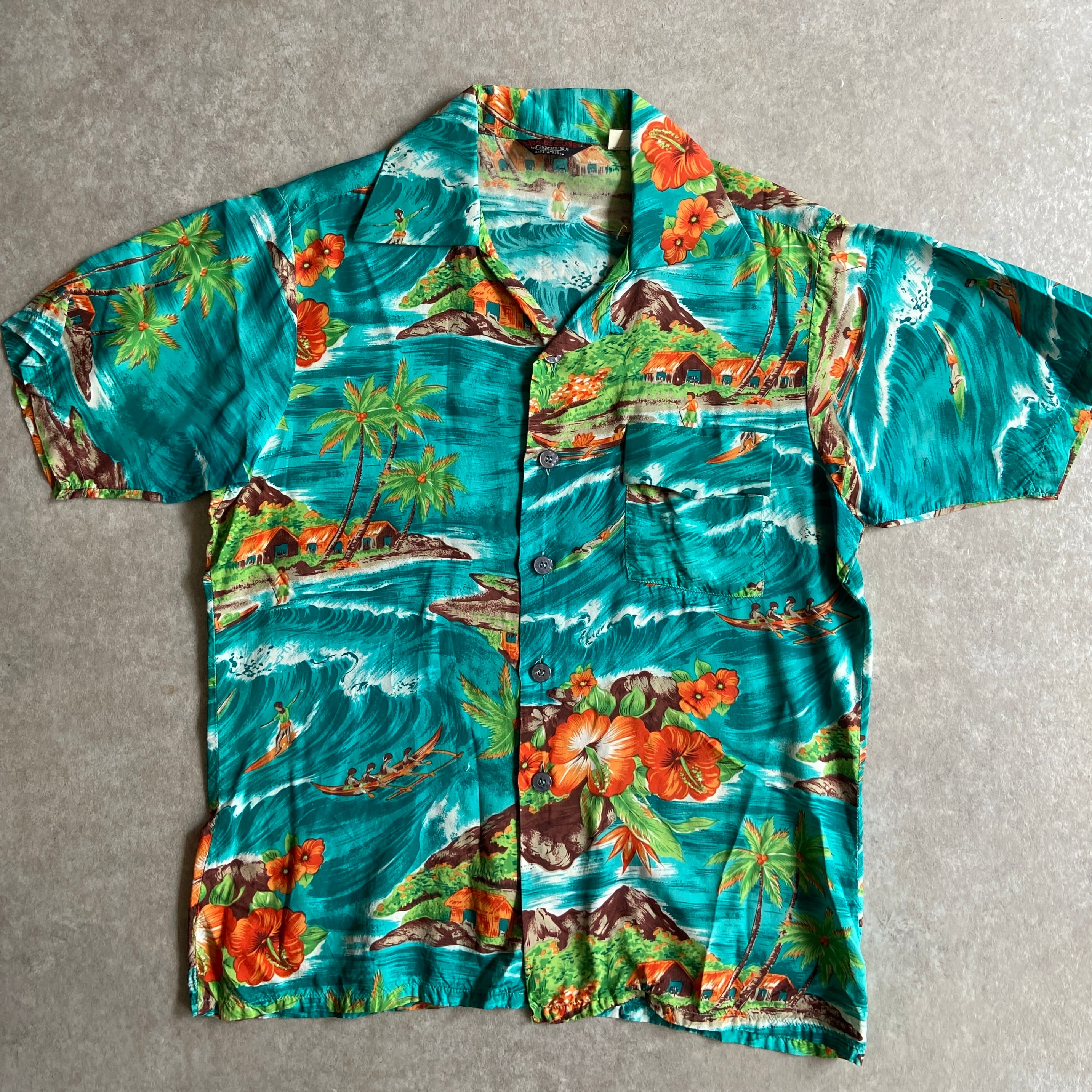1970s CAMPUS Aloha Rayon 100% Shirt L