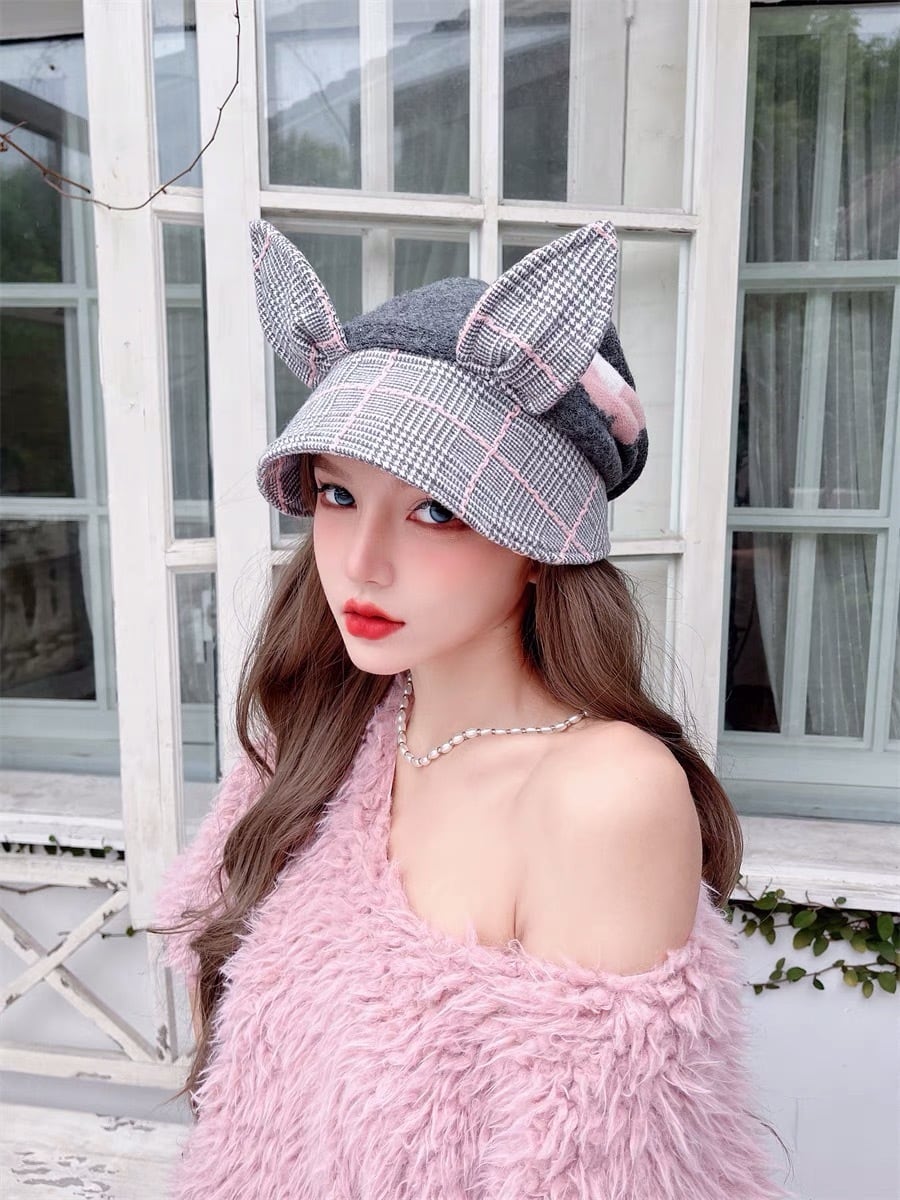 うさみみ うさぎ 猫耳 グレー ピンク ビジュー ベレー帽 キャスケット
