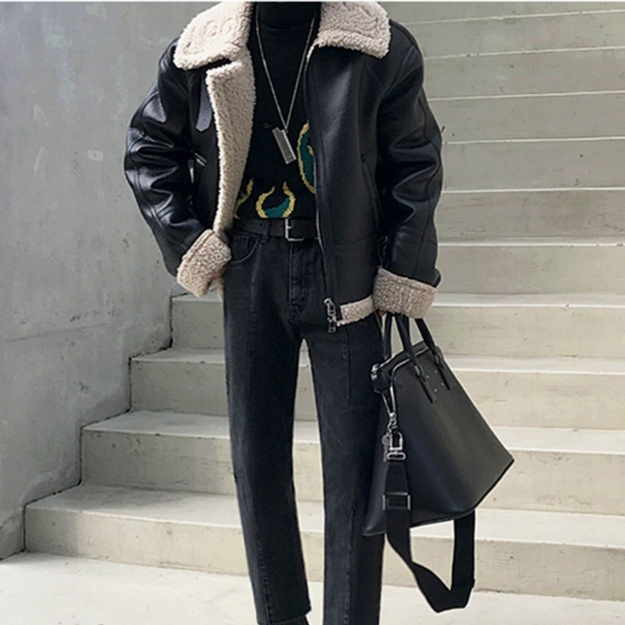 フェイクボアレザーネックベルトブルゾン　1008