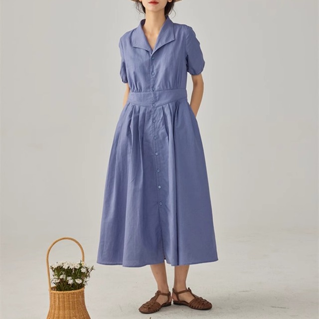 レトロカラーフロントボタン シャツワンピース　0433