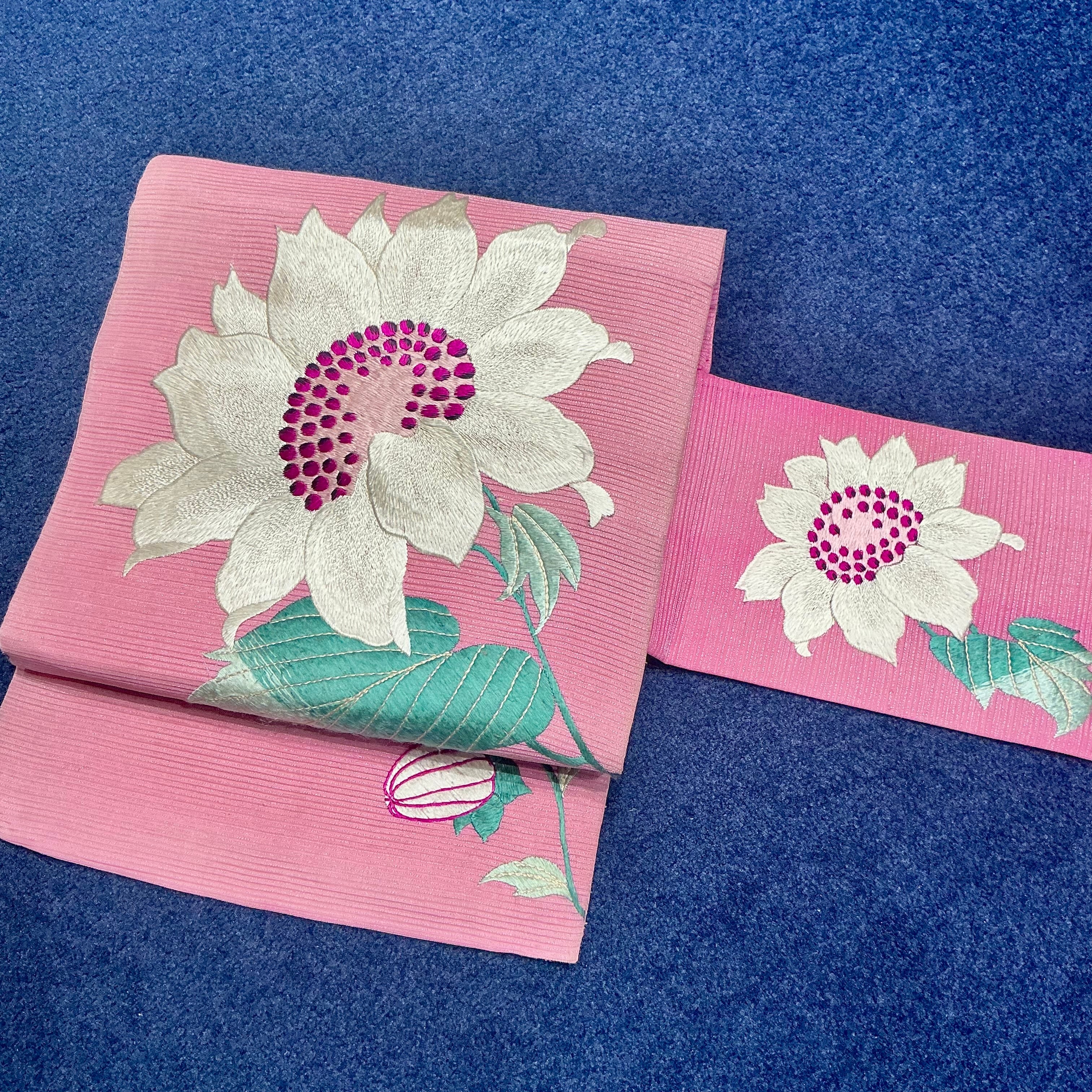 romantic summer＊夏帯 絽 ひまわり 向日葵 花 大柄 ピンク 刺繍