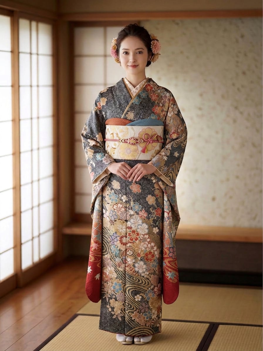 未使用 丸に蝶・菊・桜模様織出し袋帯 振袖 成人式 黒ゴールド c55 未
