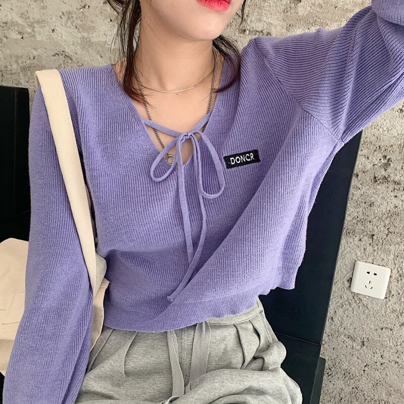 優しいスタイルのパープルニットセーターボトミングシャツ女性の2020年秋新しいルーズ長袖ショートプルオーバートップ ブラックストロベリース62485187406