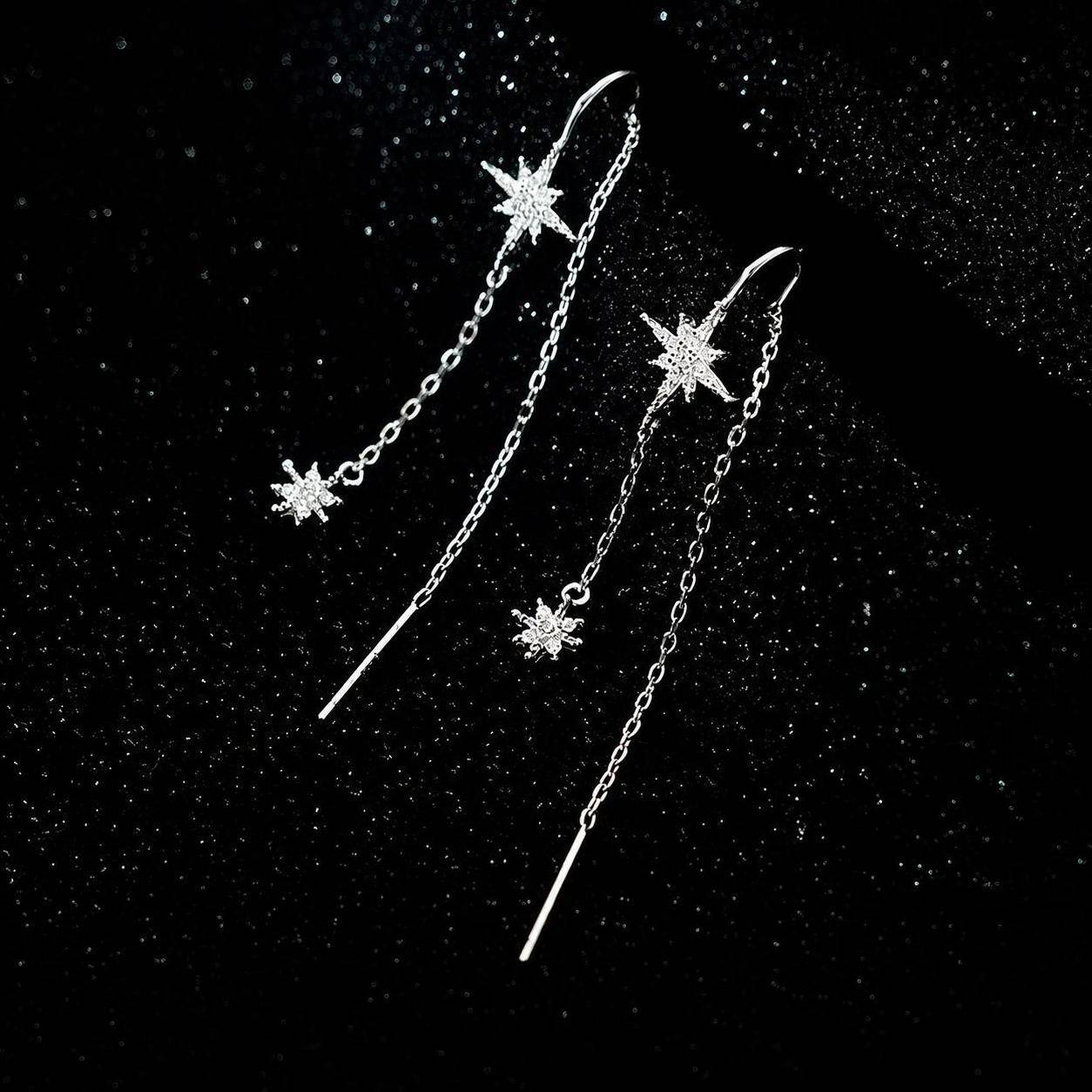 S925シルバー スターイヤーカーブ レディース 八芒星モチーフ ビジュー付き ロングタッセルチェーン シルバー 揺れるピアス 上品 パーティー プレゼント
