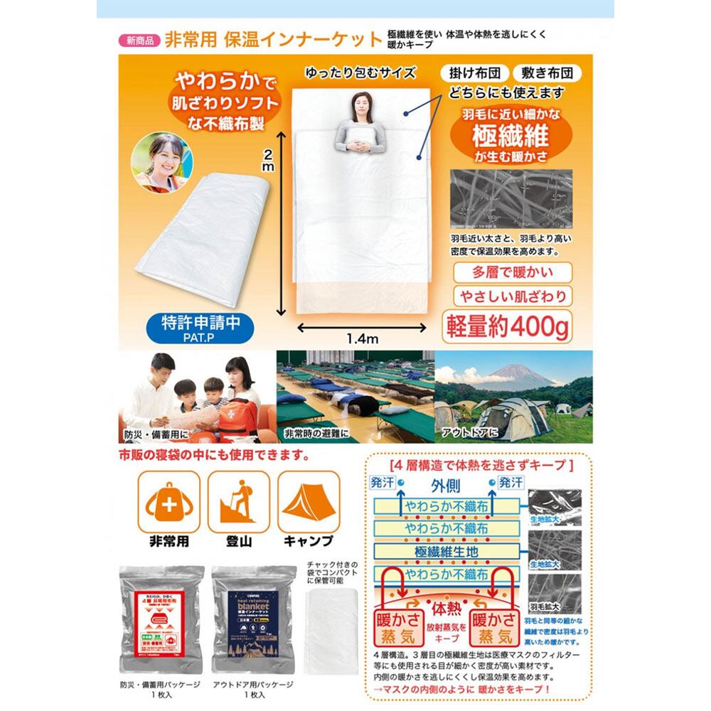 2セット】 4層 非常用毛布 不織布製 防災・備蓄用 ホワイト 140×200cm