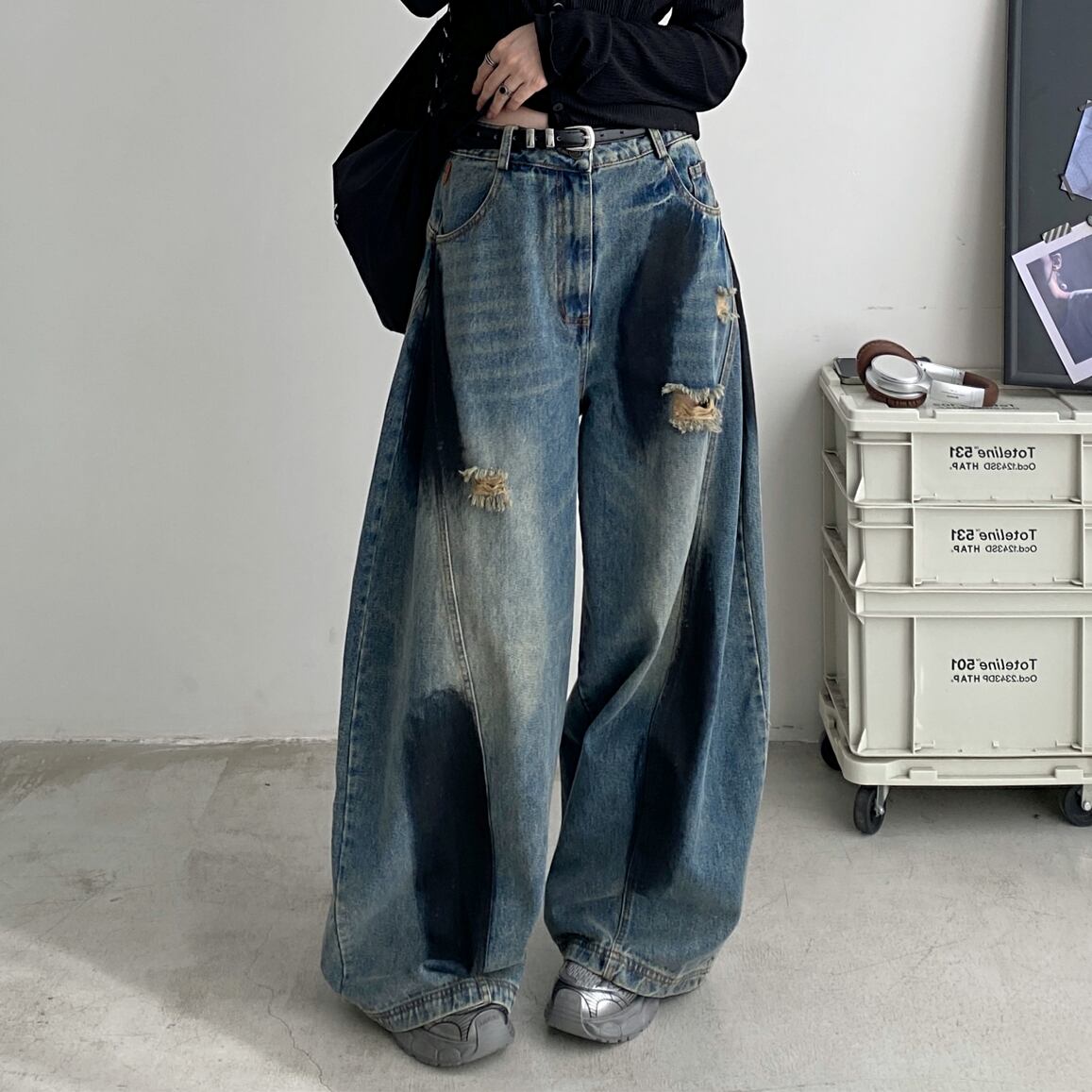 ワイドレッグ ダメージ デニムパンツ 00180