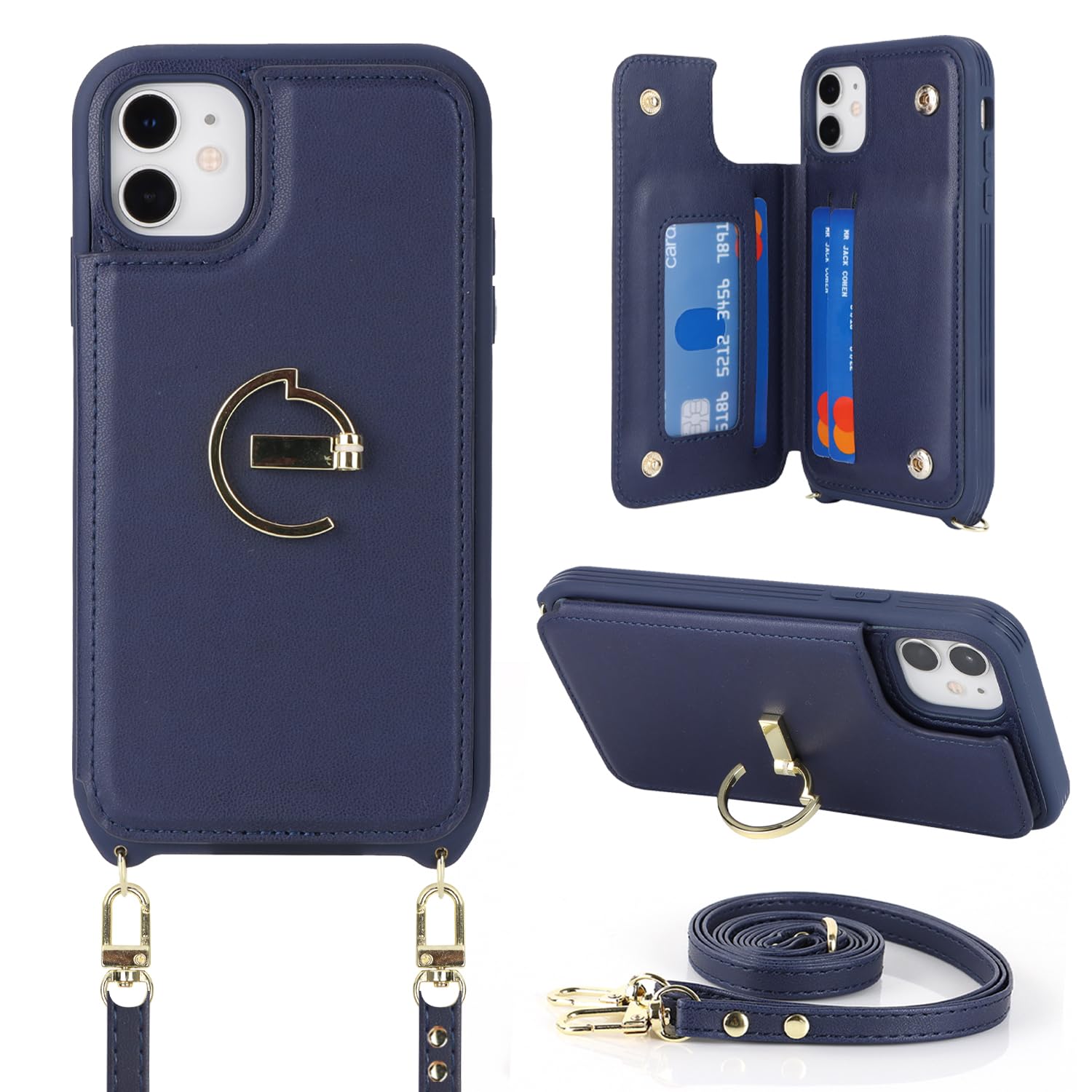 Havaya スマホショルダー iPhone11ケース iphone 11 ケース スマホケースiphone11 ショルダー リング付き レザー 肩掛け カード収納(アイフォン11 /あいふぉん11/いphone11/アイホン11 6.1インチ対応)-ブルー