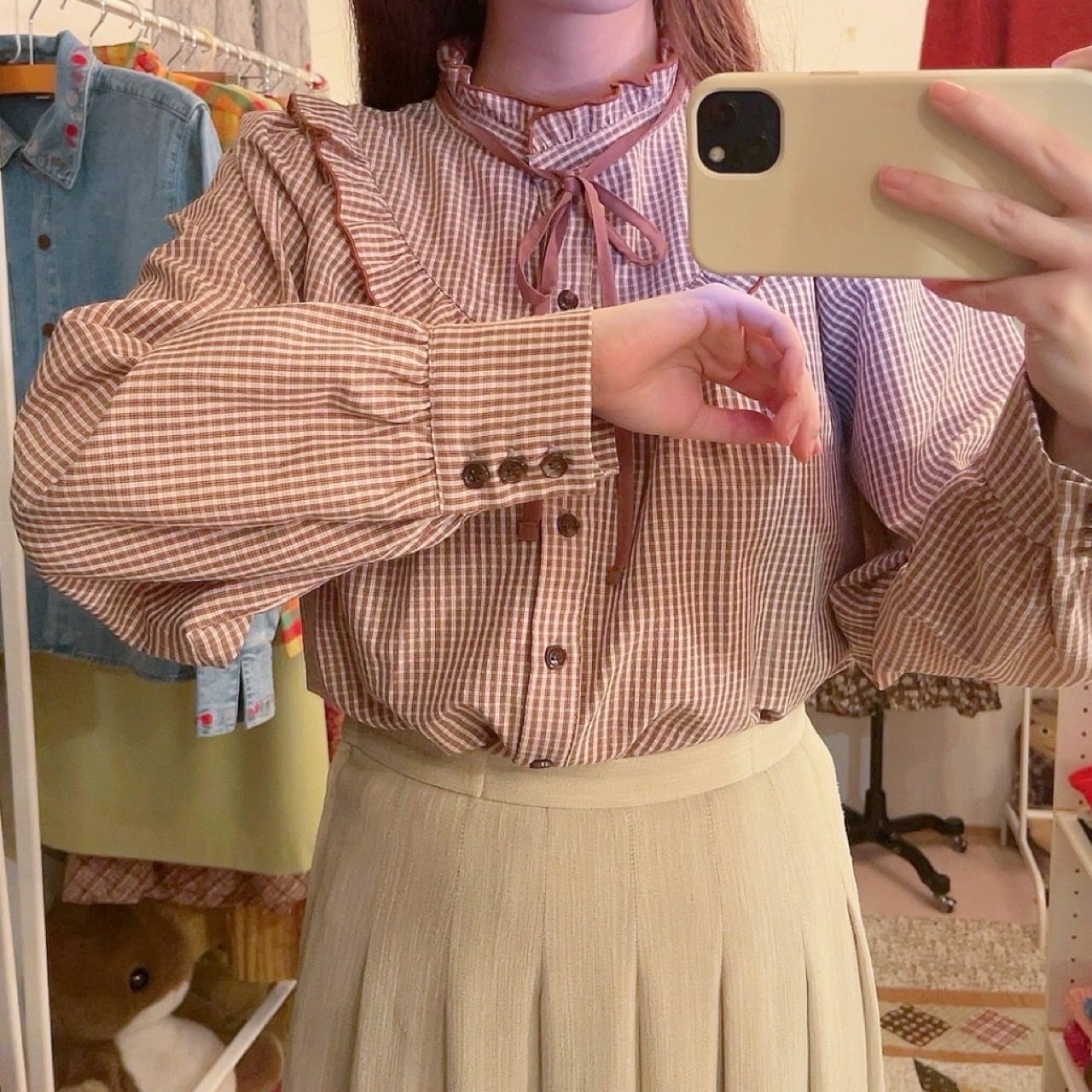 brown gingham check frill ribbon blouse