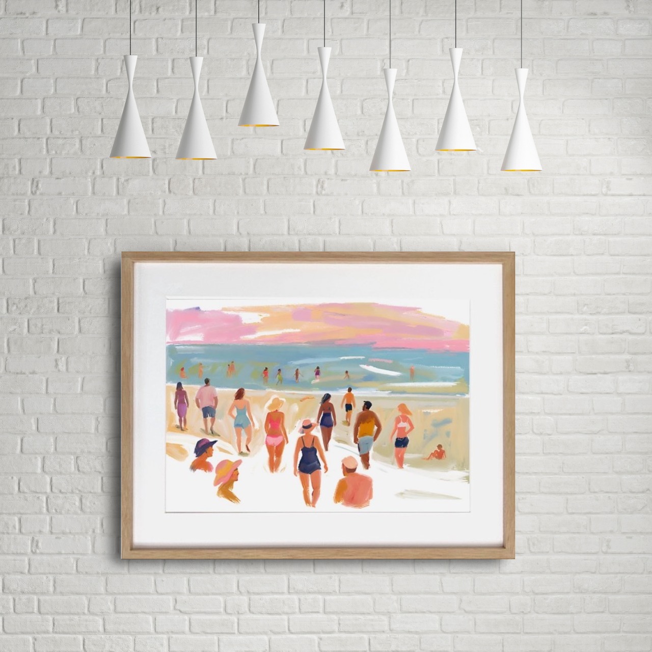 beach before evening｜夕暮れビーチを描くドローイングアート｜優しいピンクの空が映える癒しのインテリアポスター｜A3ポスター