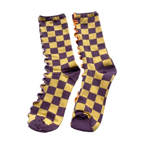 【solmu×HITOTSUDAKE】mellow block check socks（イエロー×パープル）パープル×ネオンオレンジ