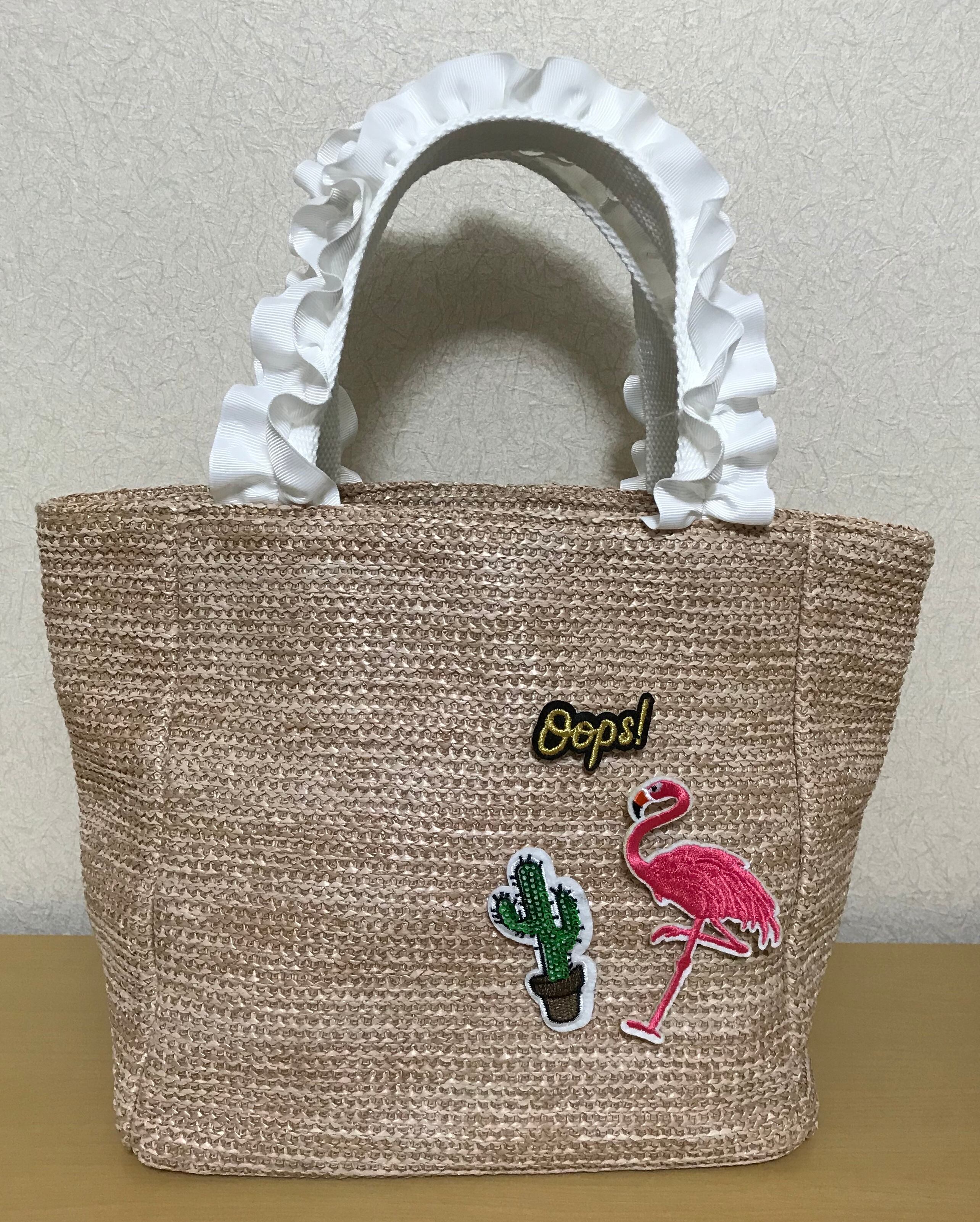 フラミンゴ柄かごバッグ （大 ハートフラミンゴ 飛び込む ひまわり 