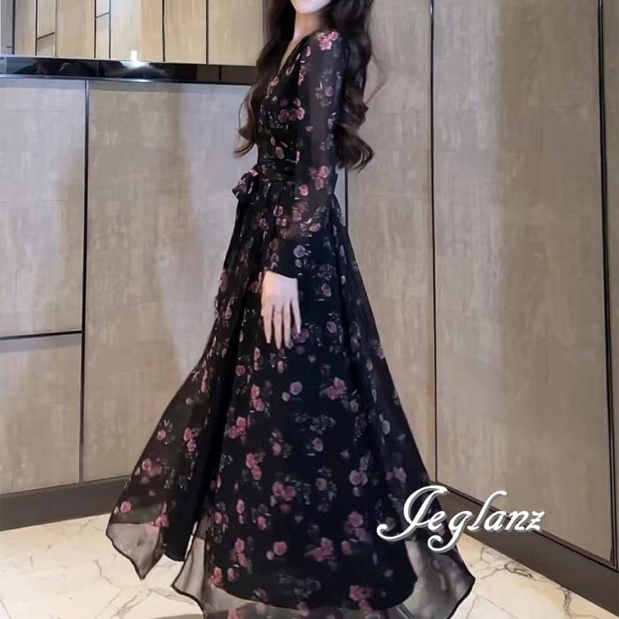 花柄 プリント ワンピース ドレス V開き 共ベルト 透け感(M9118)α