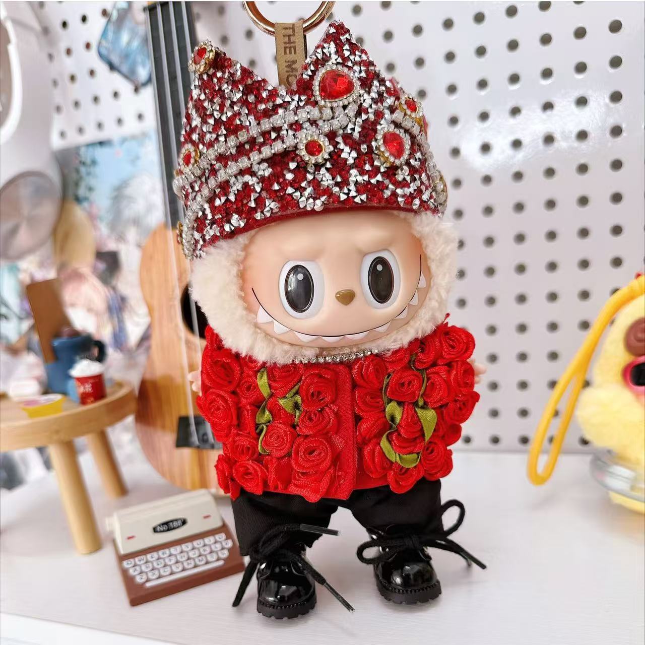 Labubu ドール服フルセット ラブブのコンサート衣装を再現!赤いバラのクールな6点セットでおしゃれなコーデを決めよう!全シリーズ対応