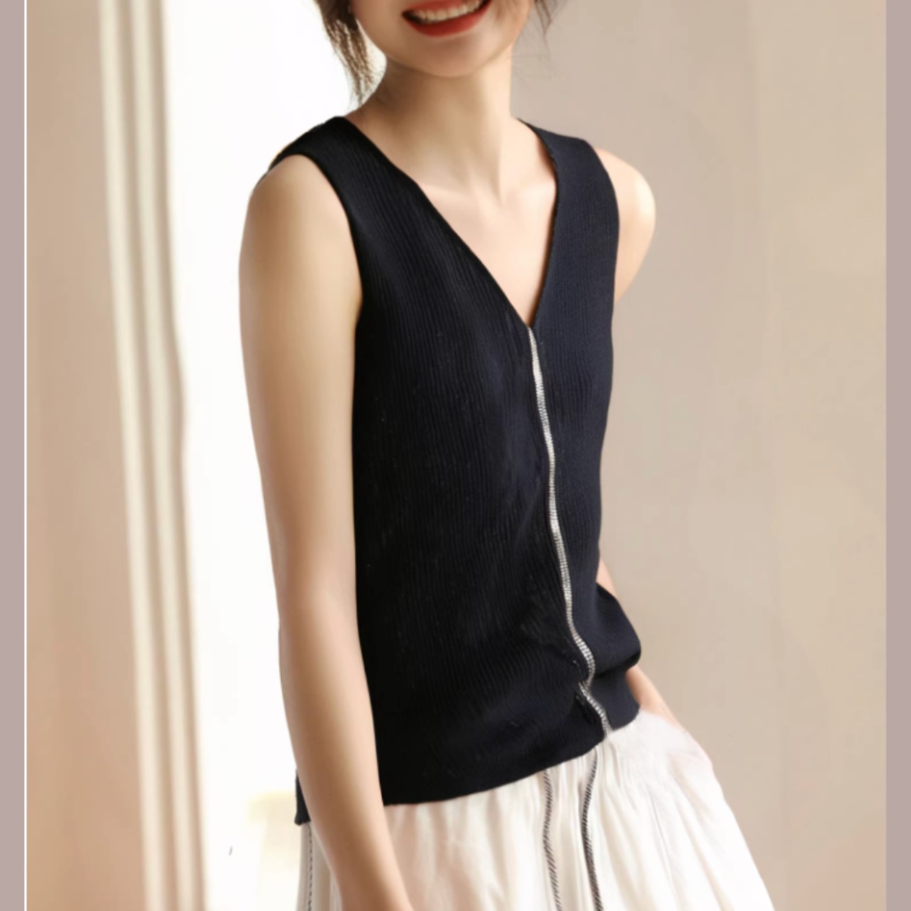 Vネック リブ編み ノースリーブ ニットトップス 00228・画像7