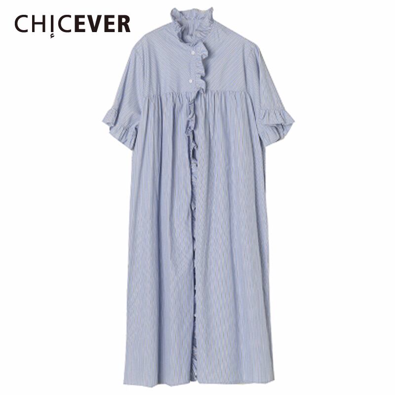CHICEVERパッチワークフリルレディースドレスマンダリンカラー半袖ストライプルーズフリーサイズドレス2020夏 ショート ハーフスリーブ ラッフル サマー 夏物 6base538005299531