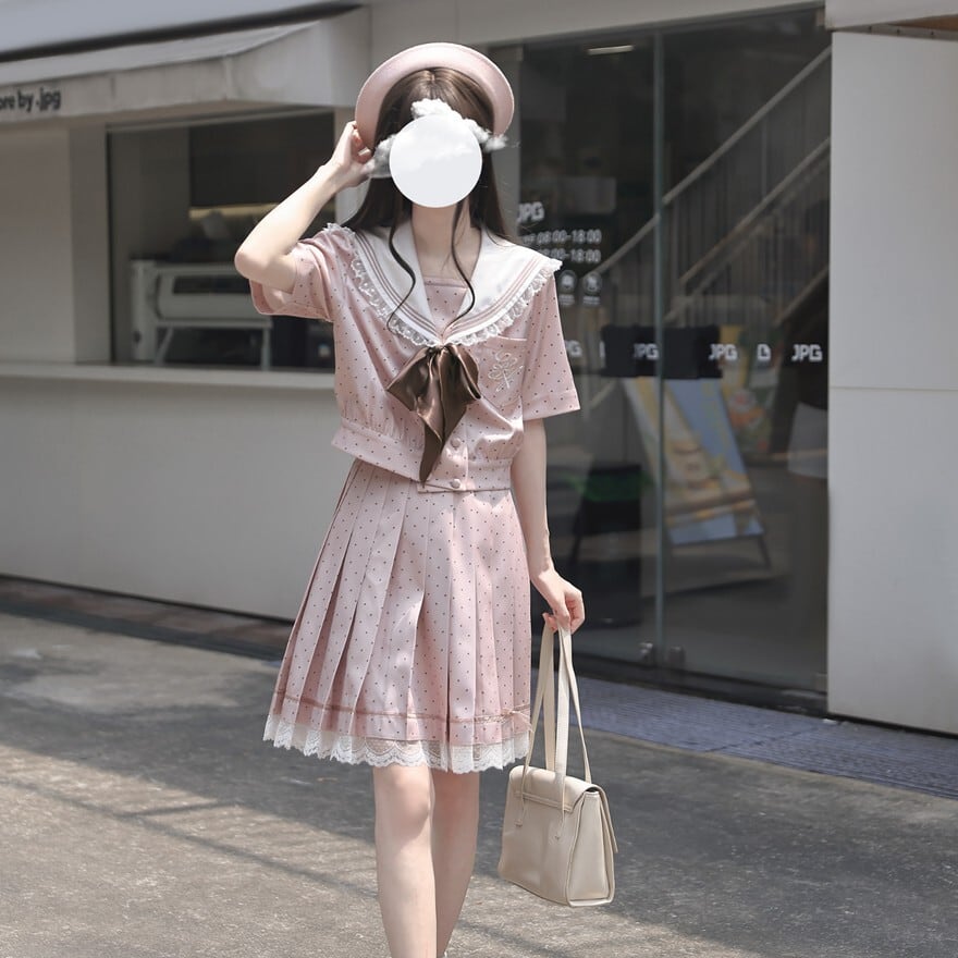 量産型クラロリ 夏服セーラー服 水玉 くすみピンク プリーツスカート