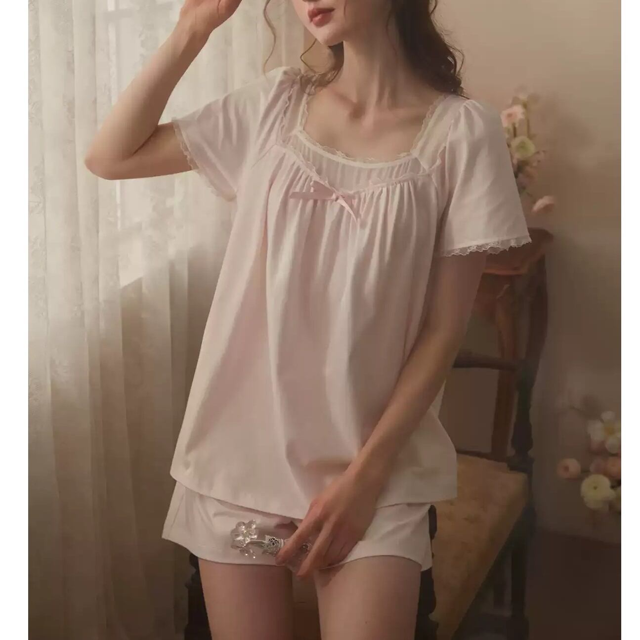 【2COLOR】【XS-XL】diamond-neck lace ribbon pajamas p1756