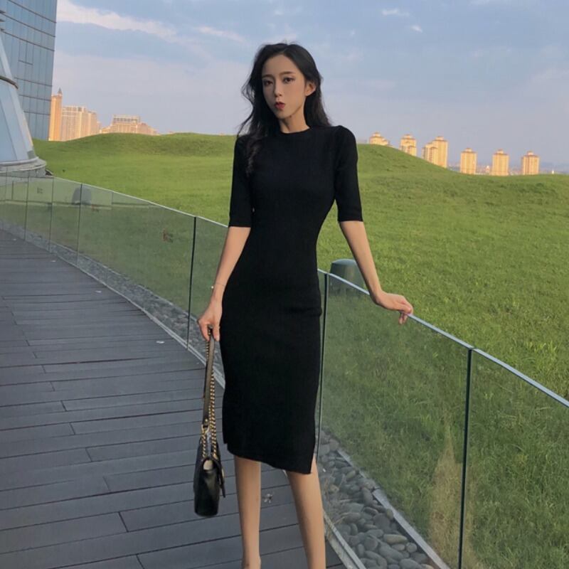 2020年初春新気質スリムスリミングバッグヒップスカートラウンドネックニットスプリットミドル丈ドレス女性 1号婦人61328925358