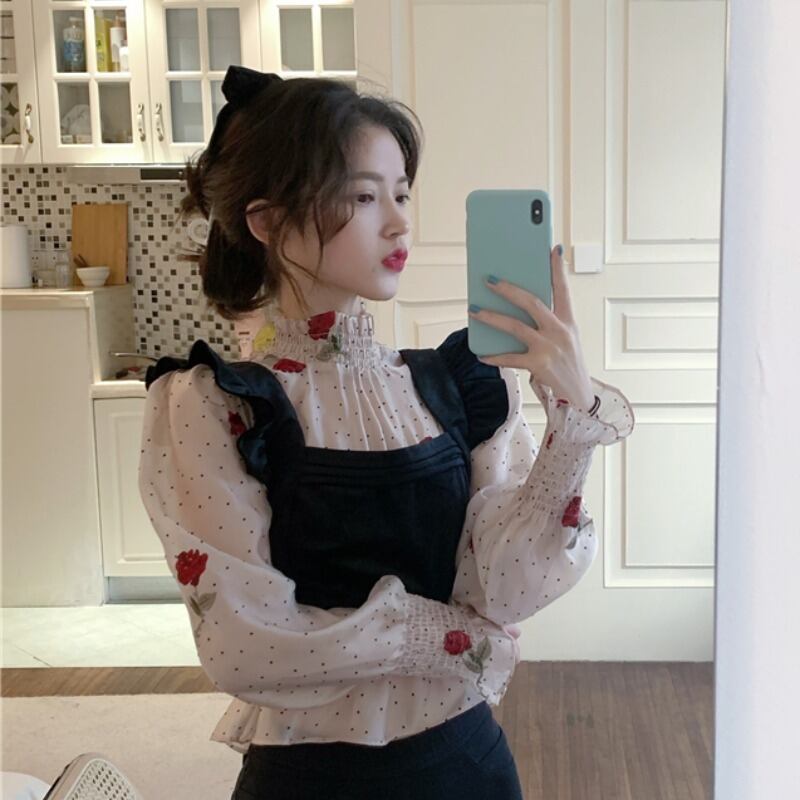 オータム刺繍ラウンドネックウェストシャツ トップス ブラックバンド 秋物 Oネック YY-ファッション21018910442