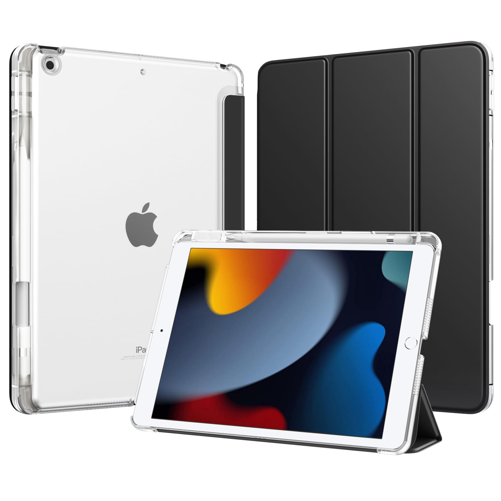 TiMOVO iPad 第9世代/第8世代/第7世代 ケース 10.2インチ ペン収納 半透明ハードカバー ブラック