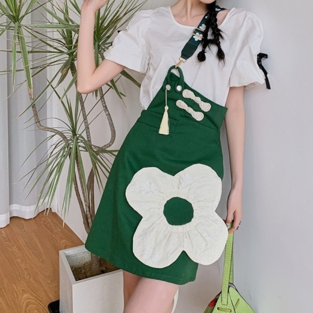 girly sweet big flower one shoulder suspender skirt 1003
