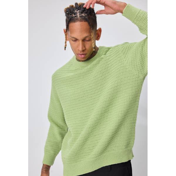 グリーン ワッフル編み ミドルゲージニット 長袖ニット 長袖トップス