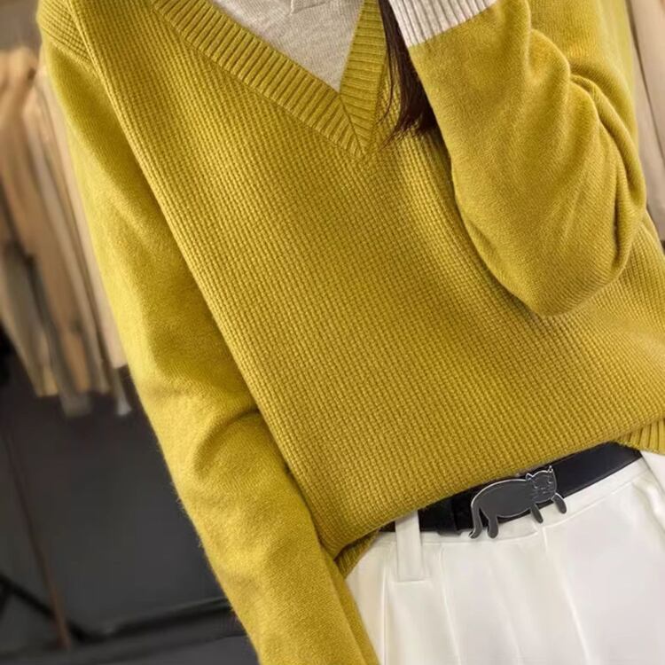 配色ポロカラーニットトップス|長袖リブ編みセーター A10004