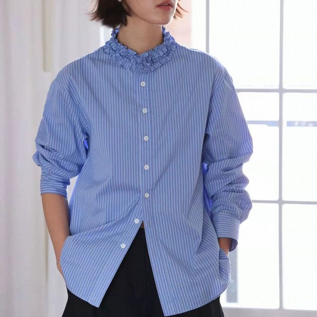 Mini frill collar striped shirt A1741
