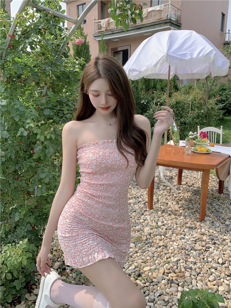 フローラルトップス ドレス ショートスカート サマー ピンク 大人ガーリー スウィート キュート カジュアル 夏物 花柄 ピュア ブラックストロベリース22337152663