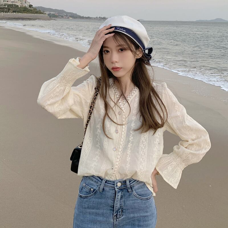 スプリングルーズ薄手Vネックプルオーバー カラーレースジャカードシャツ 春物 ピュア 試着室3903765599