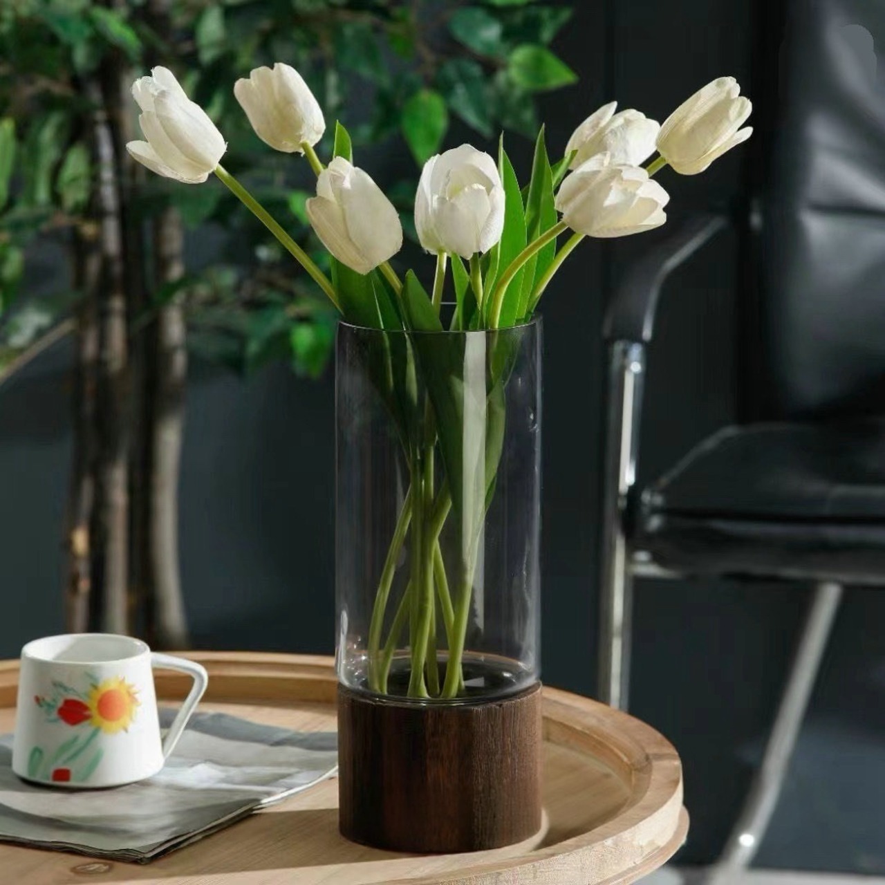 【木製 インテリア 花瓶】 丸 ラウンド 北欧テイスト フラワーアレジメント 一輪挿し ミニマリスト シンプル 水耕栽培 観葉植物 ブラック グリーン ２色 直径12cm