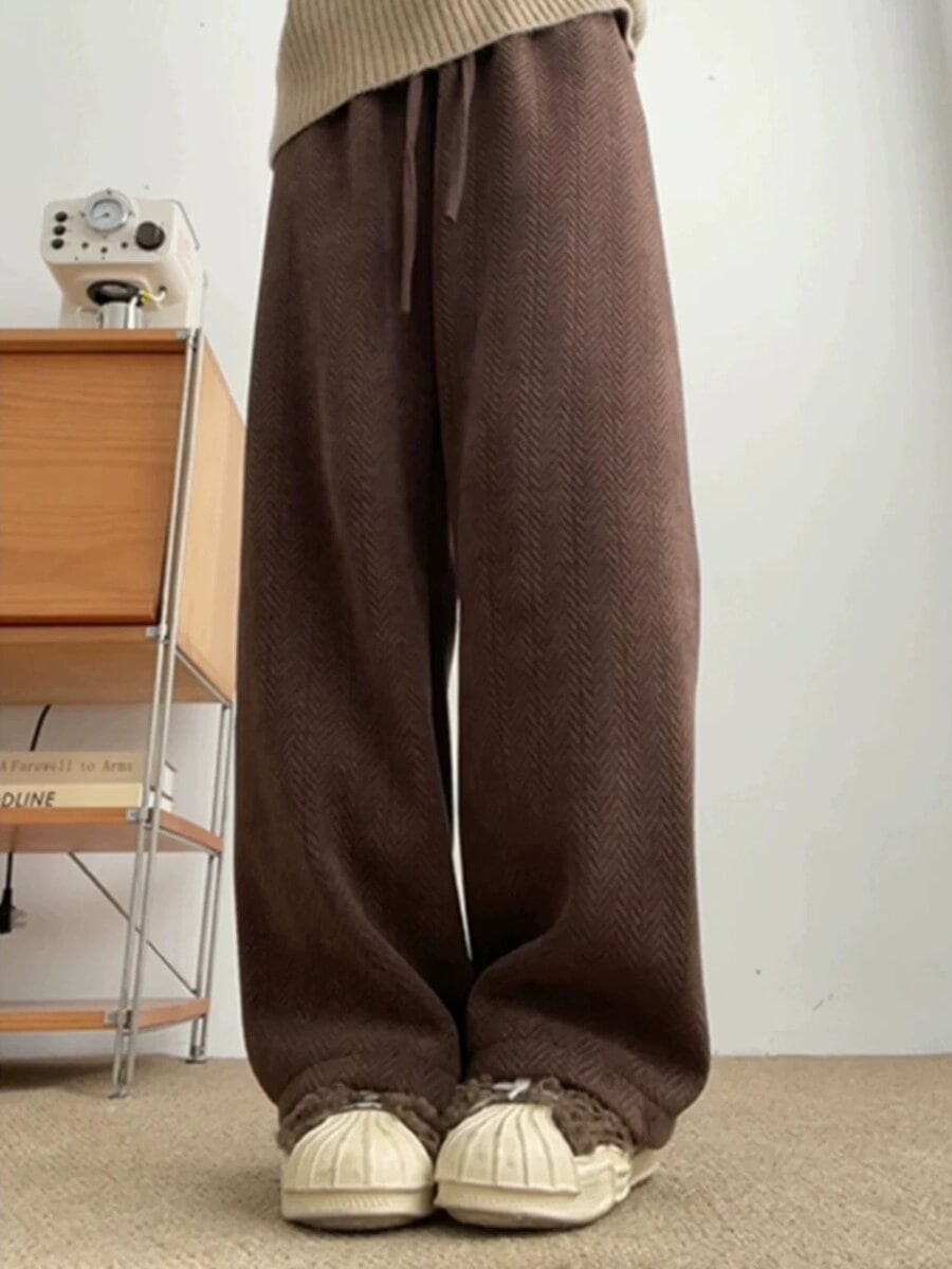 152cm〜 ブラウンの裏起毛ニットワイドパンツ